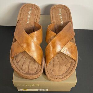 Easy Spirit Women's Baley Medium Brown Slip-On Cross-Strap Wedge Sandals Size 10